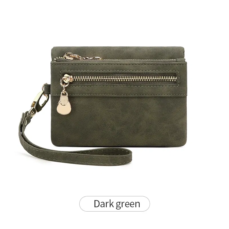 Color: army green - Retro foldingzipper wallet high-quality PUleather portablemultifunctional women's walletfashionable withID card window wrist bag