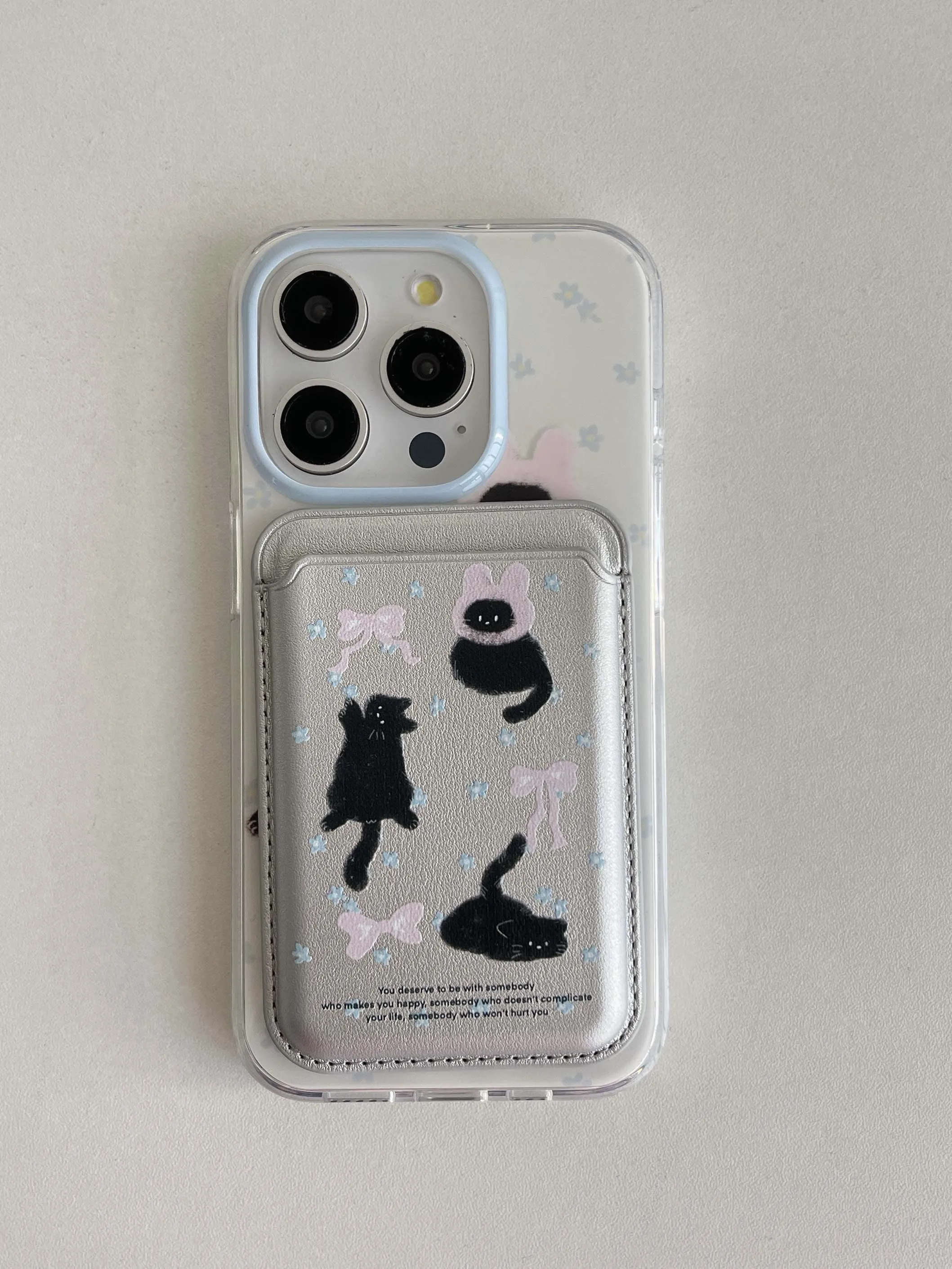 Color: Beige, Material: Genuine leather - Cute Black Cat, Pink Bow, Blue Flower Magnetic Card Holder Phone Case for IPhone 13 14 15 Pro Max 13Pro 16ProMax 14Pro 15Pro 12