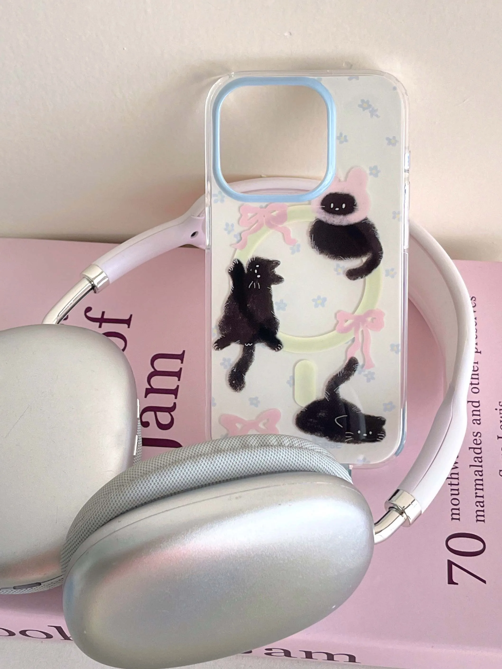 Color: Beige, Material: Genuine leather - Cute Black Cat, Pink Bow, Blue Flower Magnetic Card Holder Phone Case for IPhone 13 14 15 Pro Max 13Pro 16ProMax 14Pro 15Pro 12