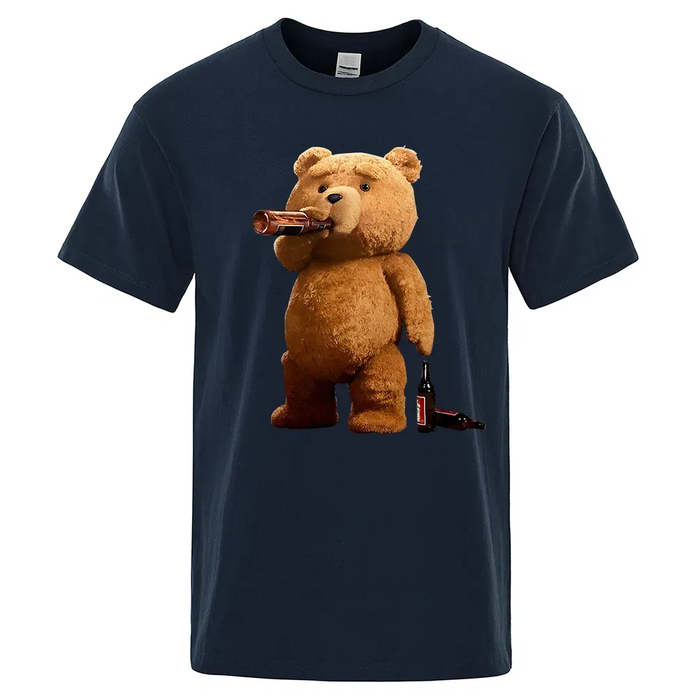 Color: Navy Blue, Size: S - Lovely Ted Bear Drink Beer Poster Funny Printed T-Shirt Men Fashion Casual Short Sleeves Loose Oversize Tee Street Hip Hop Tops