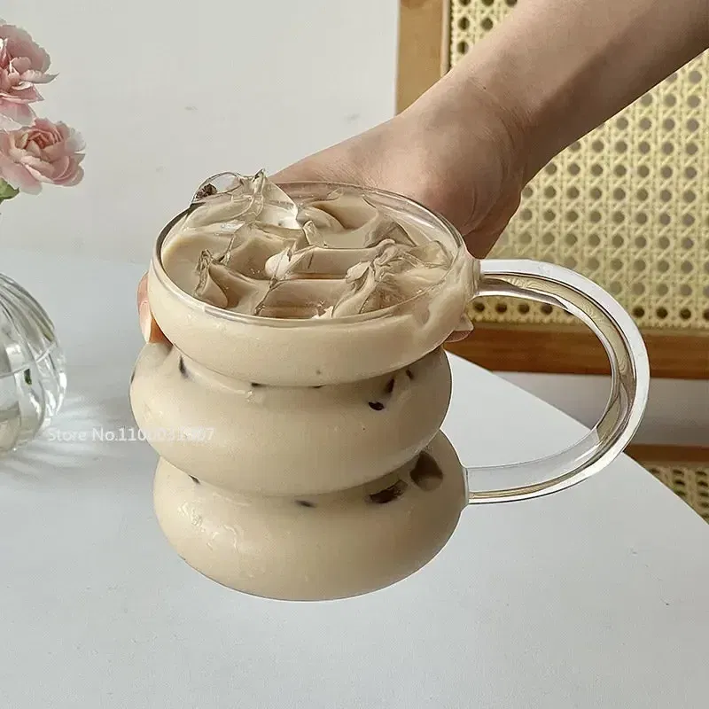 Color: Pink, Capacity: 301-400ml - Transparent Heat Resistant Glass Coffee Mug Glass Latte Cup Breakfast Mug Milk Water Cocktail Glass Cup Beer Drinking Glasses