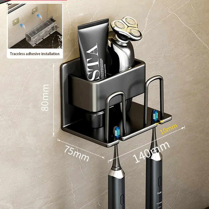 Color: light green - Toothbrush Holder Wall Mounted Toothpaste Dispenser Aluminium Electric Hair Brushes Storage Bathroom Accessories House Organizer