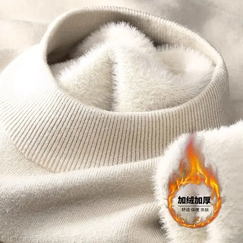 Color: black, Size: XXL - Plush Men's Knitted Sweater Turtleneck with Velvet Padded Warm Solid Pullovers Autumn Winter Thick Bottom Casual O-Neck Sweater