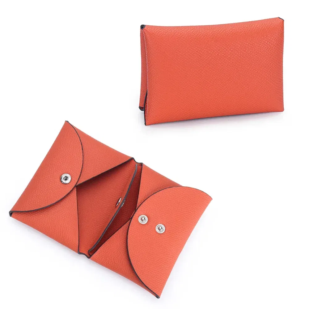 Color: Orange - Genuine Leather Coin Pouch Change Holder Mini Snap Pocket Wallet for Men Women Luxury Designer Credit Card Holder Coin Purses