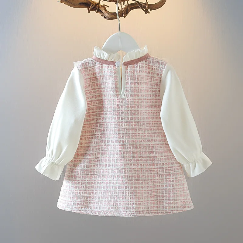 Color: Pink, Kid Size: 9M - Spring and Autumn New Baby Girl Long Sleeve Dress Fake Two Small Checkered Children's Clothes (0-3 Years Old)