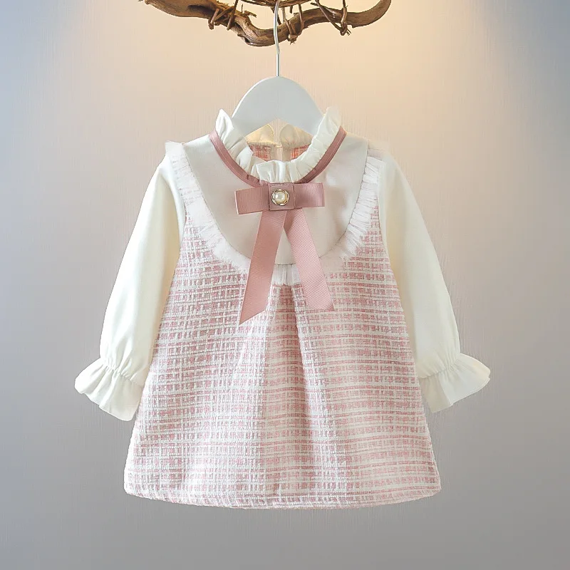 Color: Pink, Kid Size: 9M - Spring and Autumn New Baby Girl Long Sleeve Dress Fake Two Small Checkered Children's Clothes (0-3 Years Old)