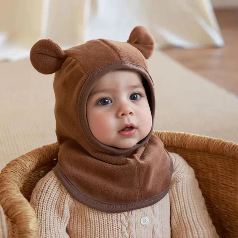 Color: Brown, Size: One Size - Baby Hats Scarf Set Winter Toddler Polar Fleece Balaclavas Infant Cute Ear Protection Beanies Boys/Girls Warm Caps Scarf Set