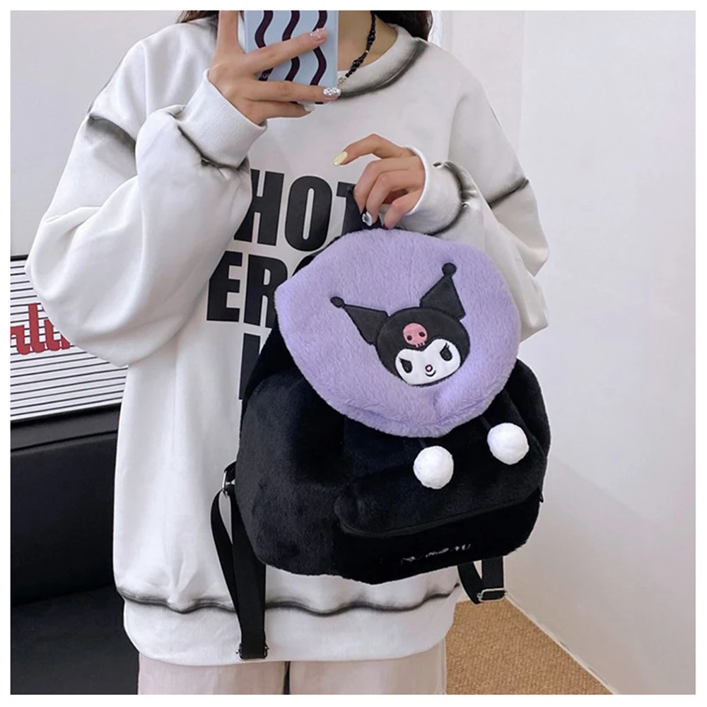 Color: WHITE - Sanrio Kuromi Melody Cartoon Cute Puppy Plush Flip Backpack Women's Casual Large Capacity Cute kawaii Cartoon School Bag Mochila
