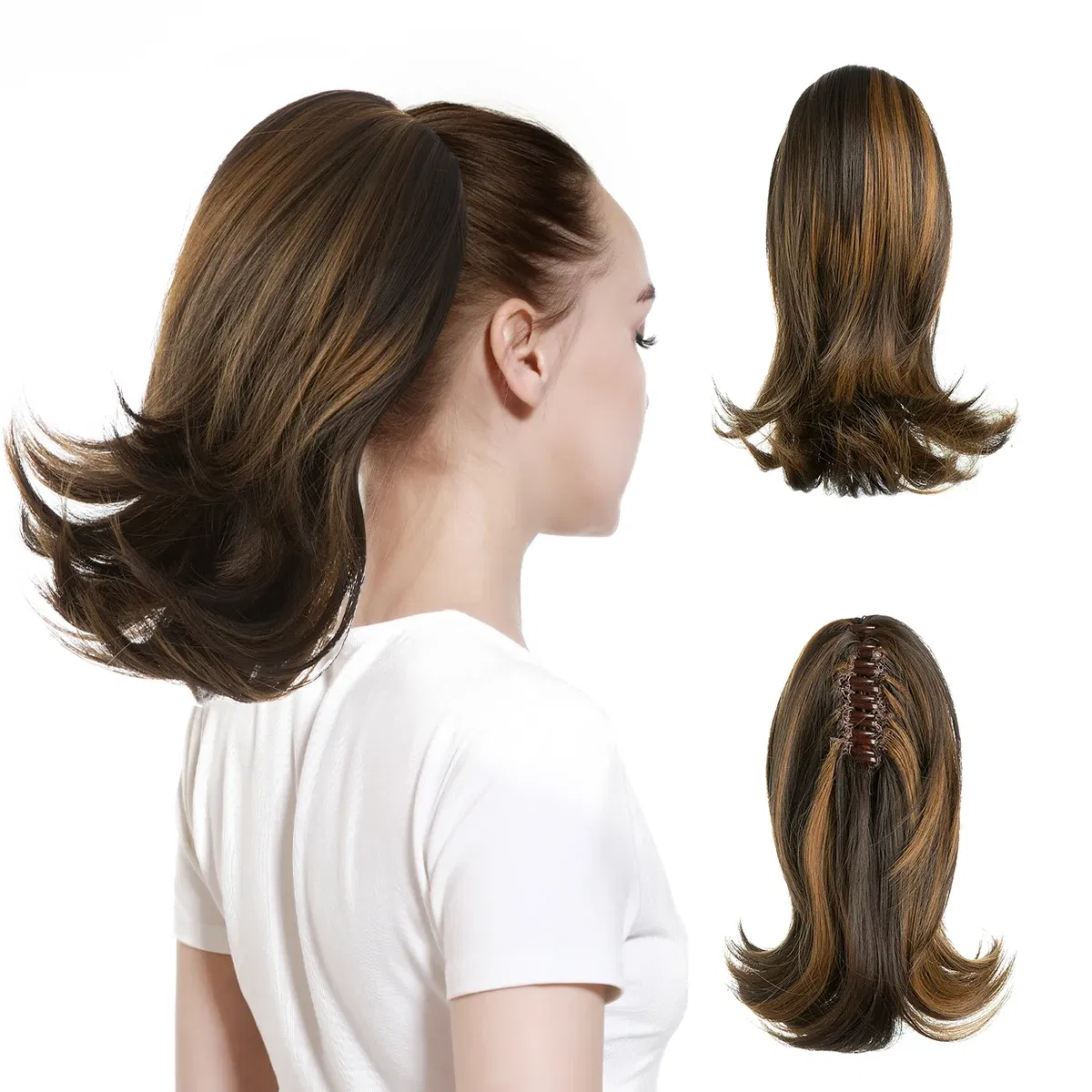 Color: 4/27HL, Stretched Length: 12inches - Synthetic Claw Clip In Ponytail Hair Extensions Hairpiece Horse Tail Fake Hair Wavy Blonde False Pigtail With Elastic Band