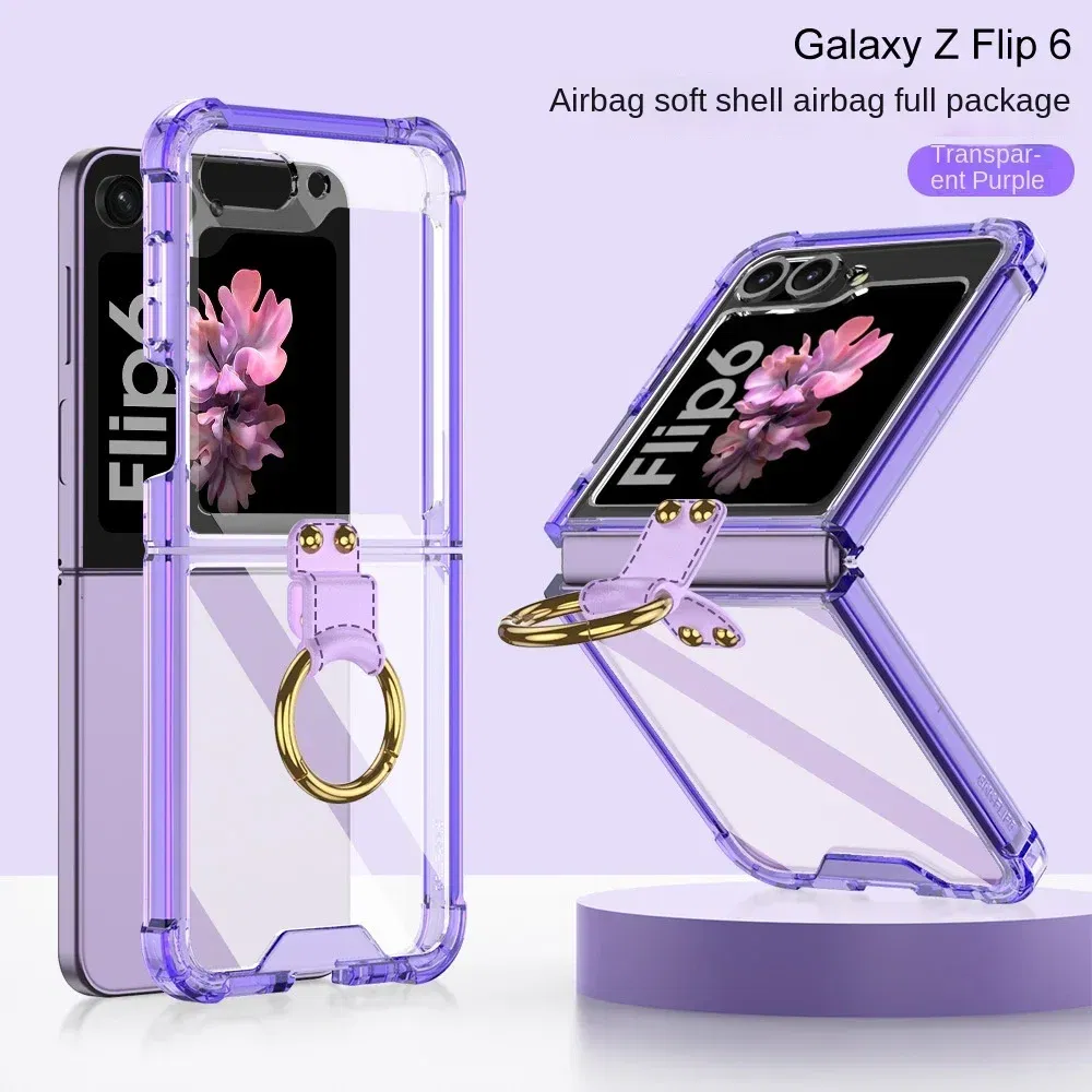 Color: SKY BLUE, Material: ABS - Electroplated Transparent Airbag Ring Phone Case for Samsung Galaxy Z Flip 6 5 Flip6 Flip5 5G Stand Shockproof Cover