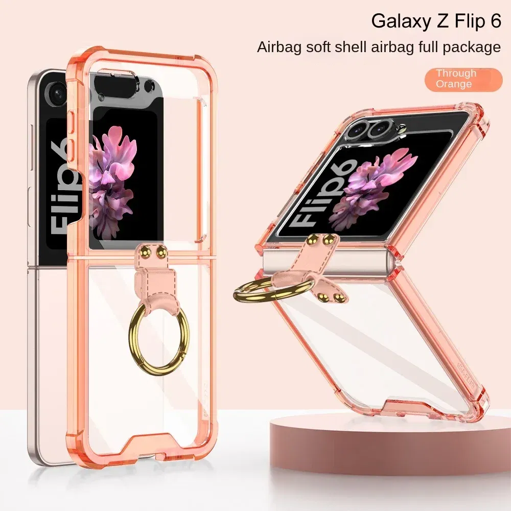 Color: SKY BLUE, Material: ABS - Electroplated Transparent Airbag Ring Phone Case for Samsung Galaxy Z Flip 6 5 Flip6 Flip5 5G Stand Shockproof Cover