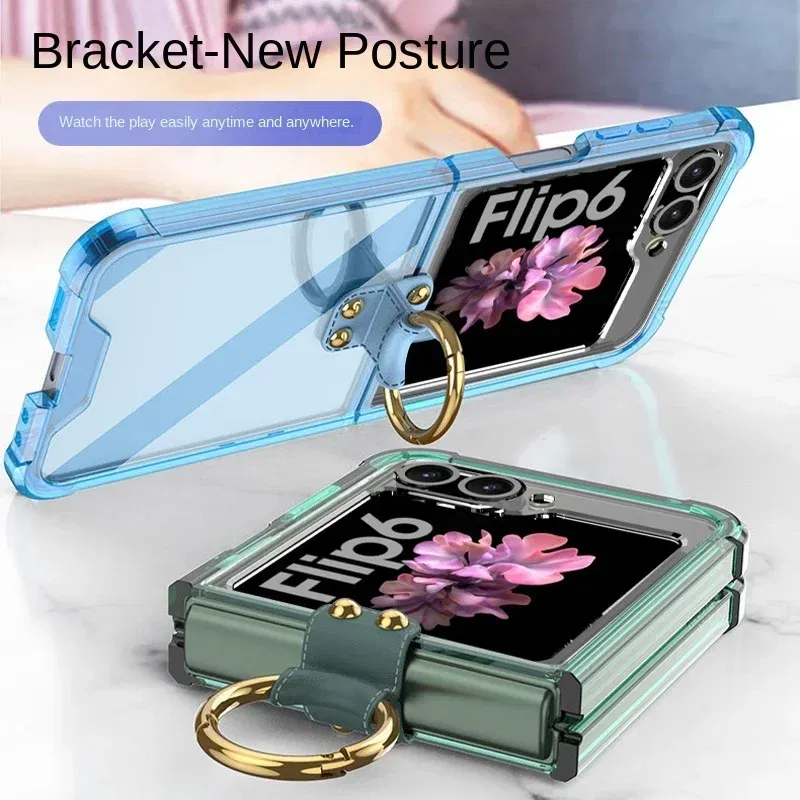 Color: SKY BLUE, Material: ABS - Electroplated Transparent Airbag Ring Phone Case for Samsung Galaxy Z Flip 6 5 Flip6 Flip5 5G Stand Shockproof Cover