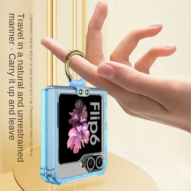 Color: SKY BLUE, Material: ABS - Electroplated Transparent Airbag Ring Phone Case for Samsung Galaxy Z Flip 6 5 Flip6 Flip5 5G Stand Shockproof Cover