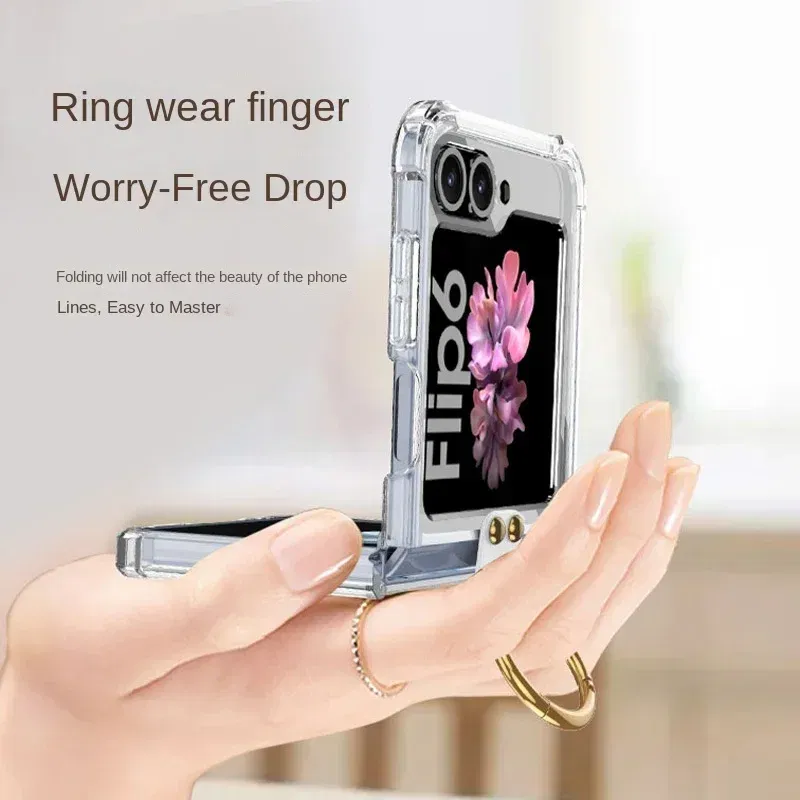 Color: SKY BLUE, Material: ABS - Electroplated Transparent Airbag Ring Phone Case for Samsung Galaxy Z Flip 6 5 Flip6 Flip5 5G Stand Shockproof Cover