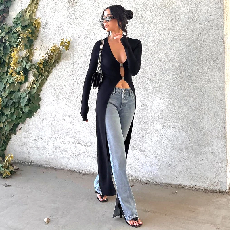 Color: black, Size: M - WhereMery Sexy Hollow Out Long Sleeve Maxi T Shirt Women V Neck Low Cut Metal Button Black Top Streetwear Cusual Lady Tops Tees