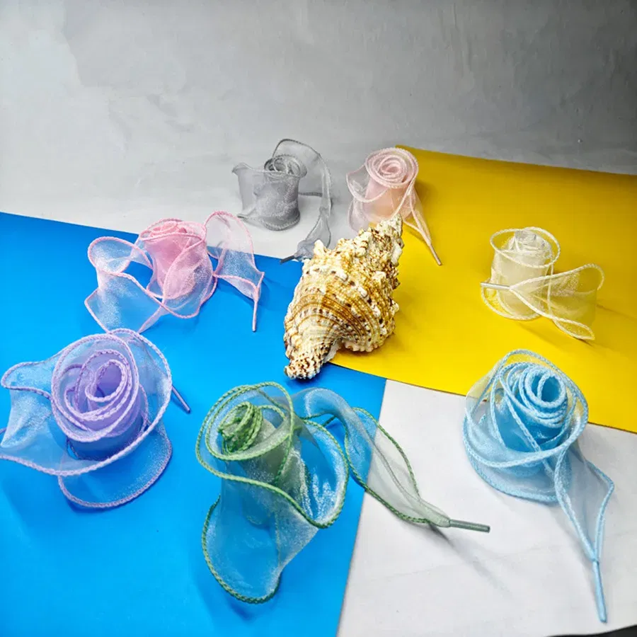 Color: Red, Length: 120cm - 4cm Wide Festoon Fishtail Organza Shoelaces Wave Chiffen Fall Winer Bow Laces Beauty White Casual Sneaker DE Training Shoes Lace