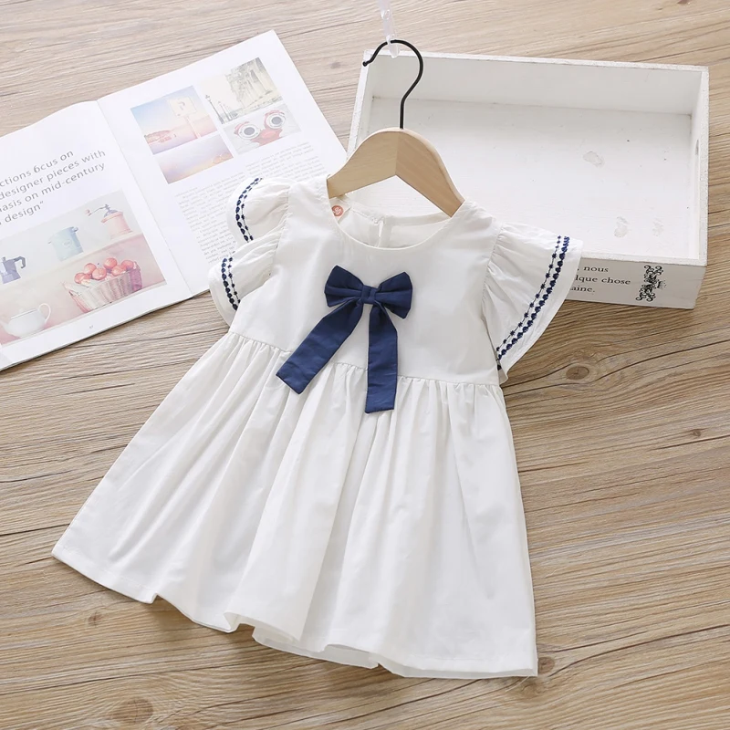 Color: WHITE, Kid Size: 3T - Summer Baby Girl Princess Dress Casual Fashion Baby Girl Flying Sleeve Bow-knot Princess Dress Kids Clothing For 1-6 Years Old