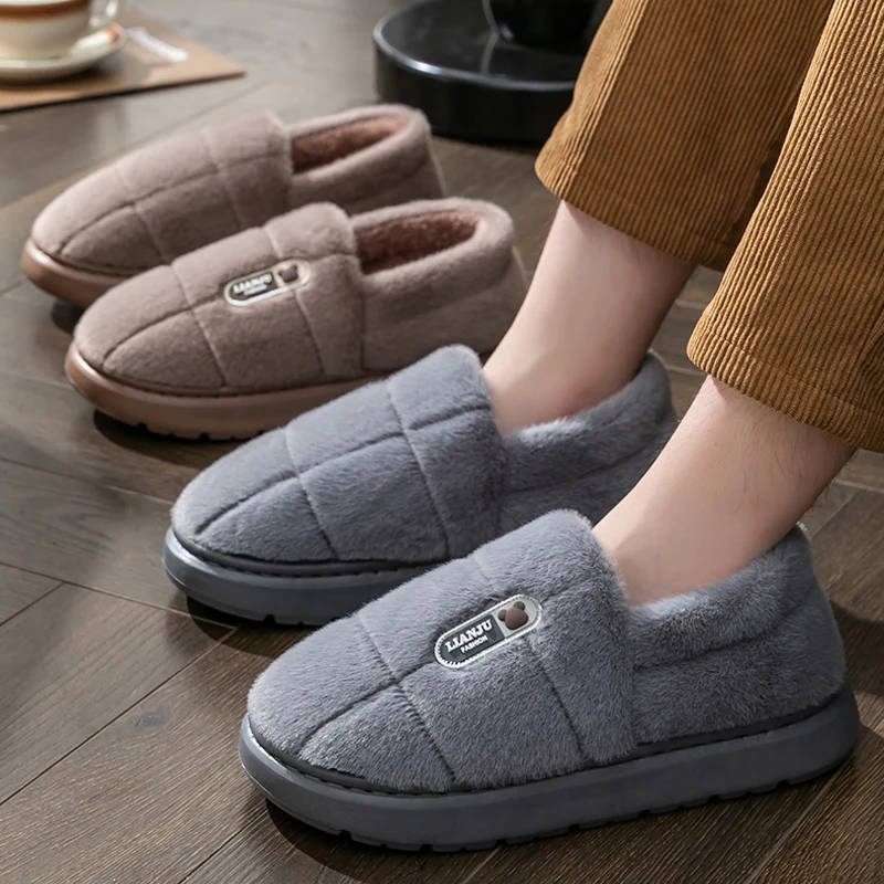 Color: WHITE, Shoe Size: 44-45 - Men's slippers Winter Solid Color Wrap Heels Plush Slippers Non-slip Warm Women Men Home Casual Cotton Shoes Big Size 50 51