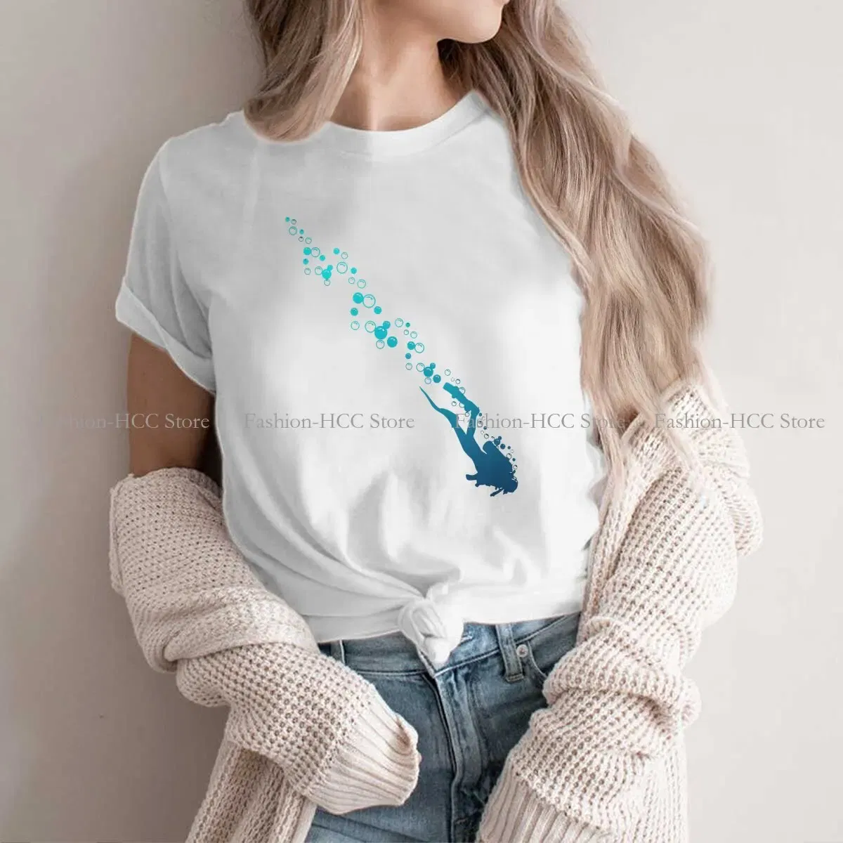 Color: WHITE, Size: L - Blue Diver Hipster Polyester TShirts Dive Scuba Diving Female Harajuku Streetwear T Shirt O Neck