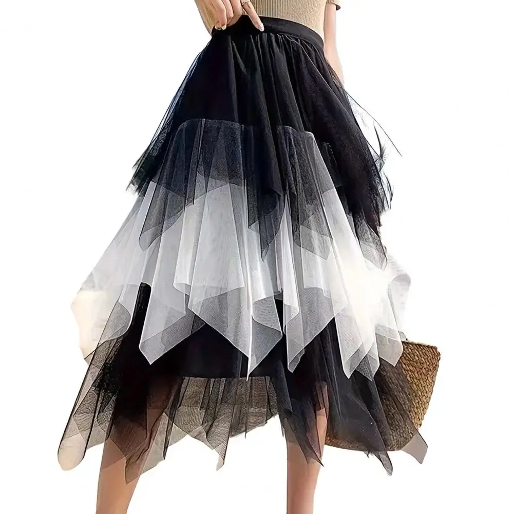 Color: Red, Size: M - 2025 Irregular Mesh Women Skirt High Elastic Waist Colorful Mesh Multi-layered Soft Mid-calf Length Pleated Women Midi Skirt