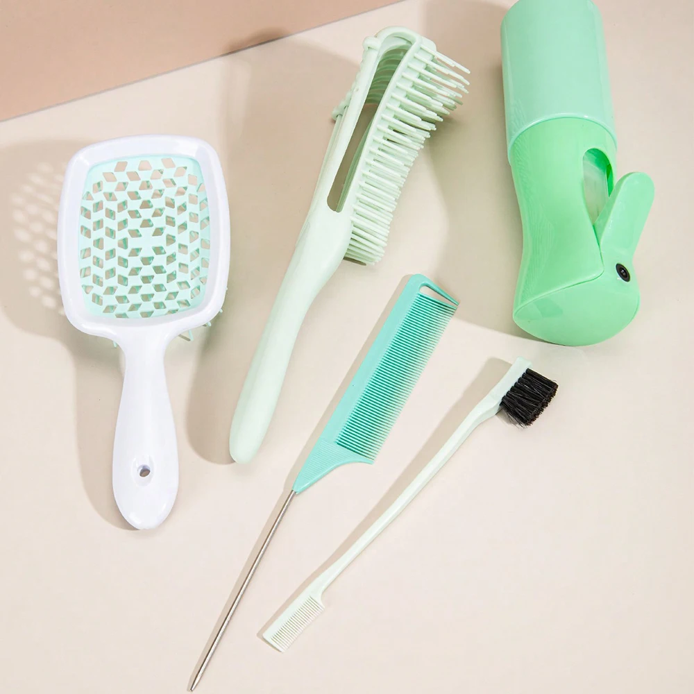 Color: Red - 5 Pcs/Set Hair Brush Detangling Brush Scalp Massage Hair Comb Green Adjust Octopus Curly Comb Women Detangle Hairbrush Salon