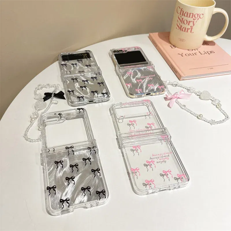 Color: SKY BLUE, Material: Nylon - For Samsung Galaxy Z Flip 3 4 5 6 Case Cute Pink Black Bow Feather Cards Bracelet Cover For Samsung Z Flip3 Flip4 ZFlip5