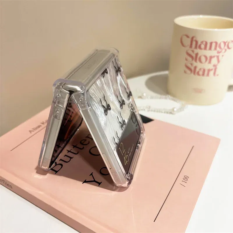 Color: SKY BLUE, Material: Nylon - For Samsung Galaxy Z Flip 3 4 5 6 Case Cute Pink Black Bow Feather Cards Bracelet Cover For Samsung Z Flip3 Flip4 ZFlip5