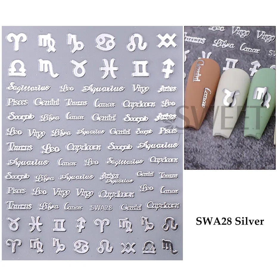 Color: green - Metallic Bohemian Style Nail Sticker Gold Silver Lace Lines Green Gem Love Heart 3D Holographic Manicure Sliders Nail Decoration