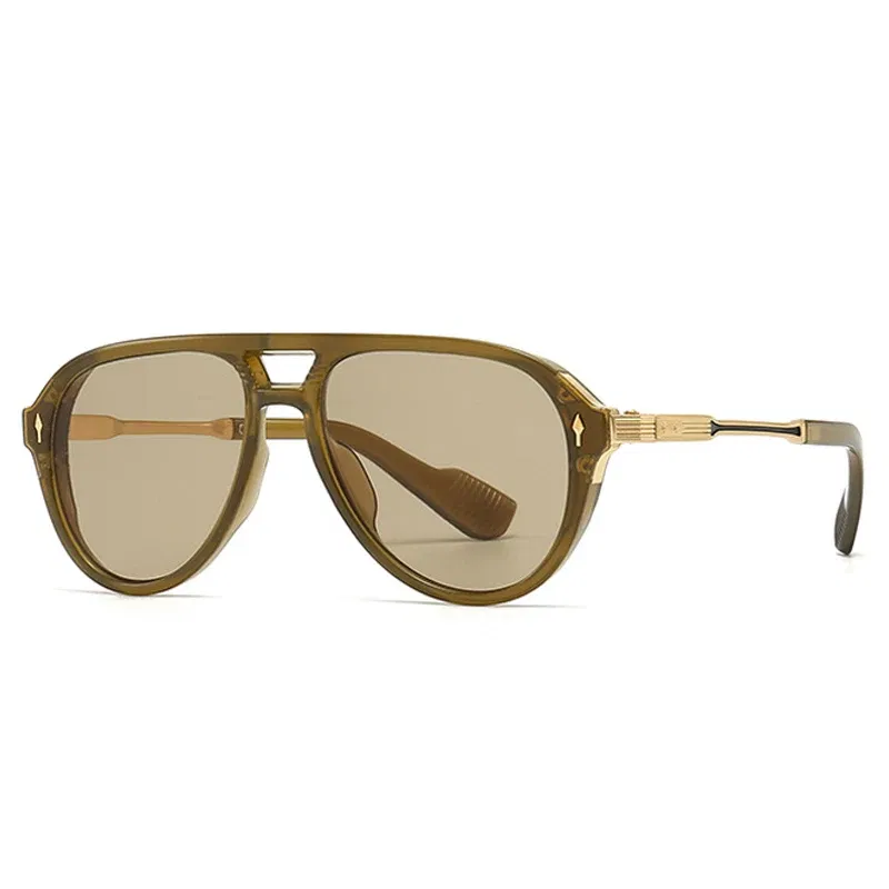 Lenses Color: Beige, Frame Color: other - SHAUNA Retro Double Bridges Pilot Men Sunglasses Fashion Brand Designer Shades UV400 Trending Rivets Women Luxury Sun Glasses