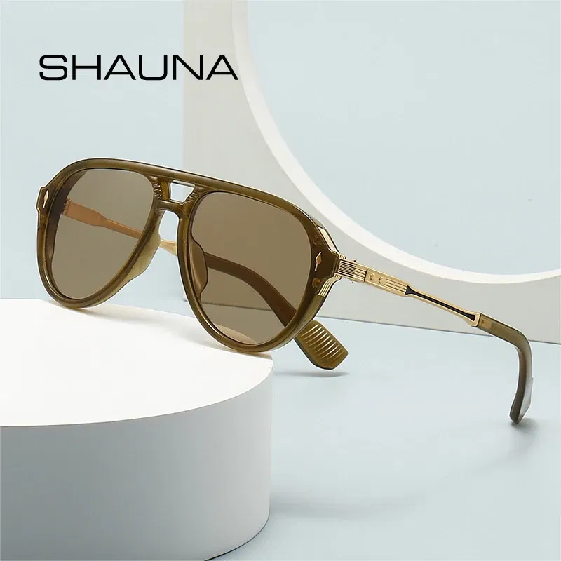Lenses Color: Beige, Frame Color: other - SHAUNA Retro Double Bridges Pilot Men Sunglasses Fashion Brand Designer Shades UV400 Trending Rivets Women Luxury Sun Glasses