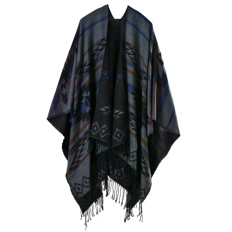 Color: black, Size: One Size - European American Popular Tassel Thickened Cashmere Like National Style Travel Fork Shawl Scarf in autumn Ponchos Capes P9