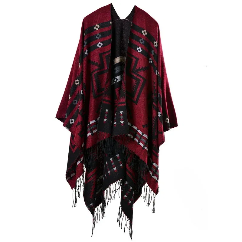 Color: black, Size: One Size - European American Popular Tassel Thickened Cashmere Like National Style Travel Fork Shawl Scarf in autumn Ponchos Capes P9
