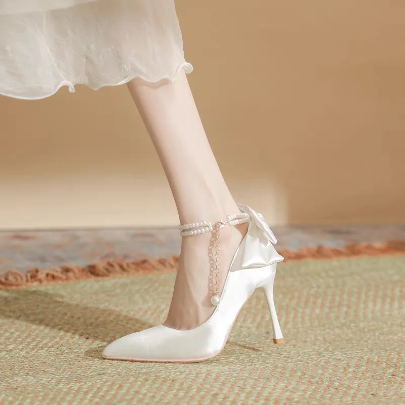 Color: black, Shoe Size: 35 - Size 35-40 Stiletto Heel Point Toe Pearls Buckle Belt 9cm High Heel Ladies Bow Satin Fabric White Wedding Shoes Women Pumps