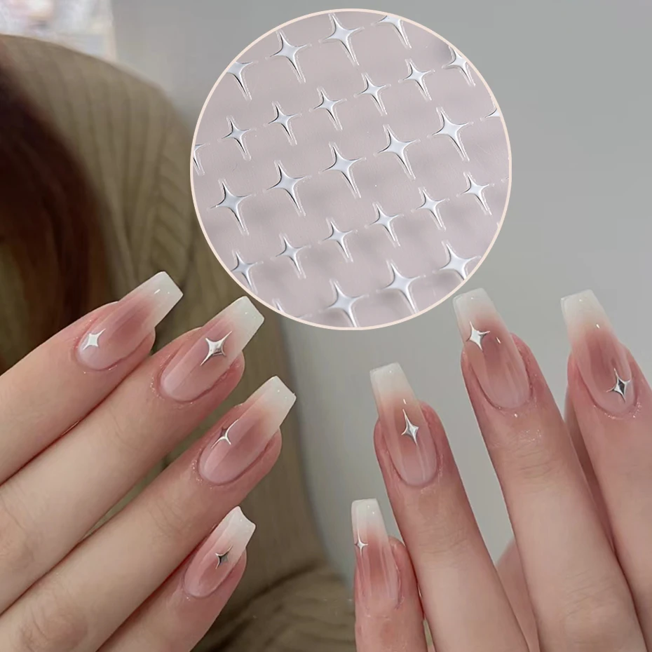 Color: Grey green - Sliver Stars Nails Stickers 3D Bronzing Laser White Cross Starlight Glossychic Y2k Stylish Adhesive Manicure Decorations SO-167