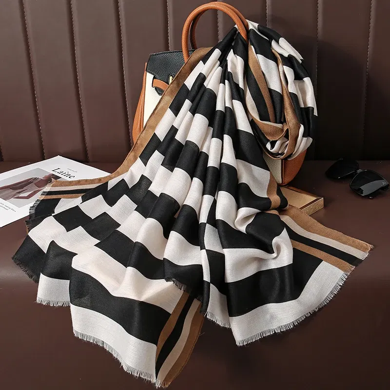 Color: black - Design Print Beach Stoles Scarf for Women Luxury Cotton Linen Shawl Wrap Femal Headscarf Bandana Autumn Pashimina Bufanda Poncho