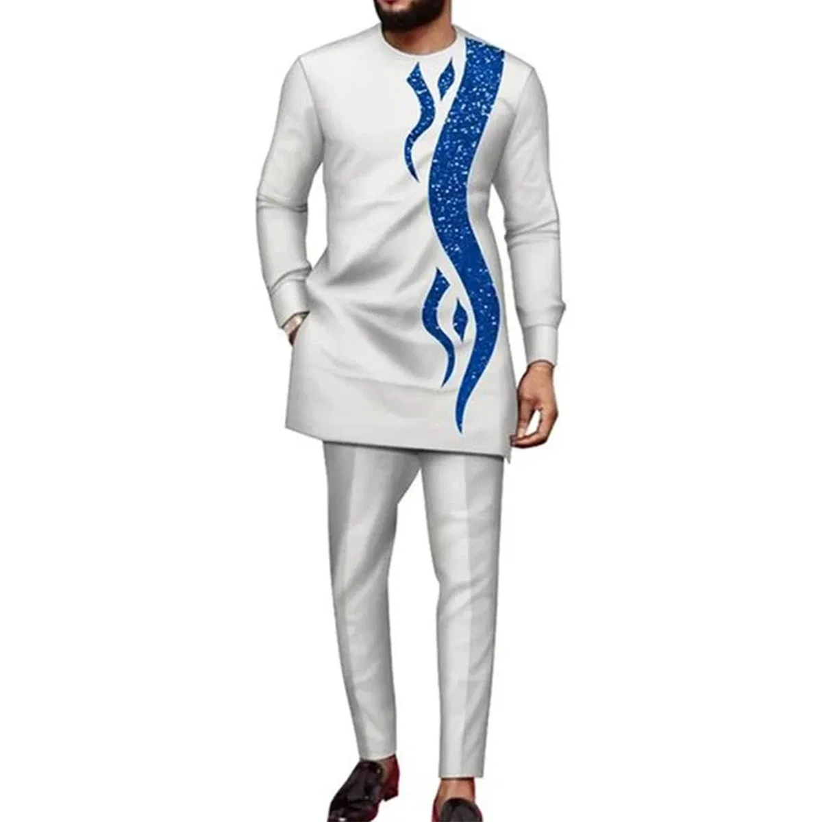 Color: GRAY, Size: XXL - 2025 New men's suit, white pocket, 2-piece set, luxury wedding casual suit, traditional African style of ethnic minorities