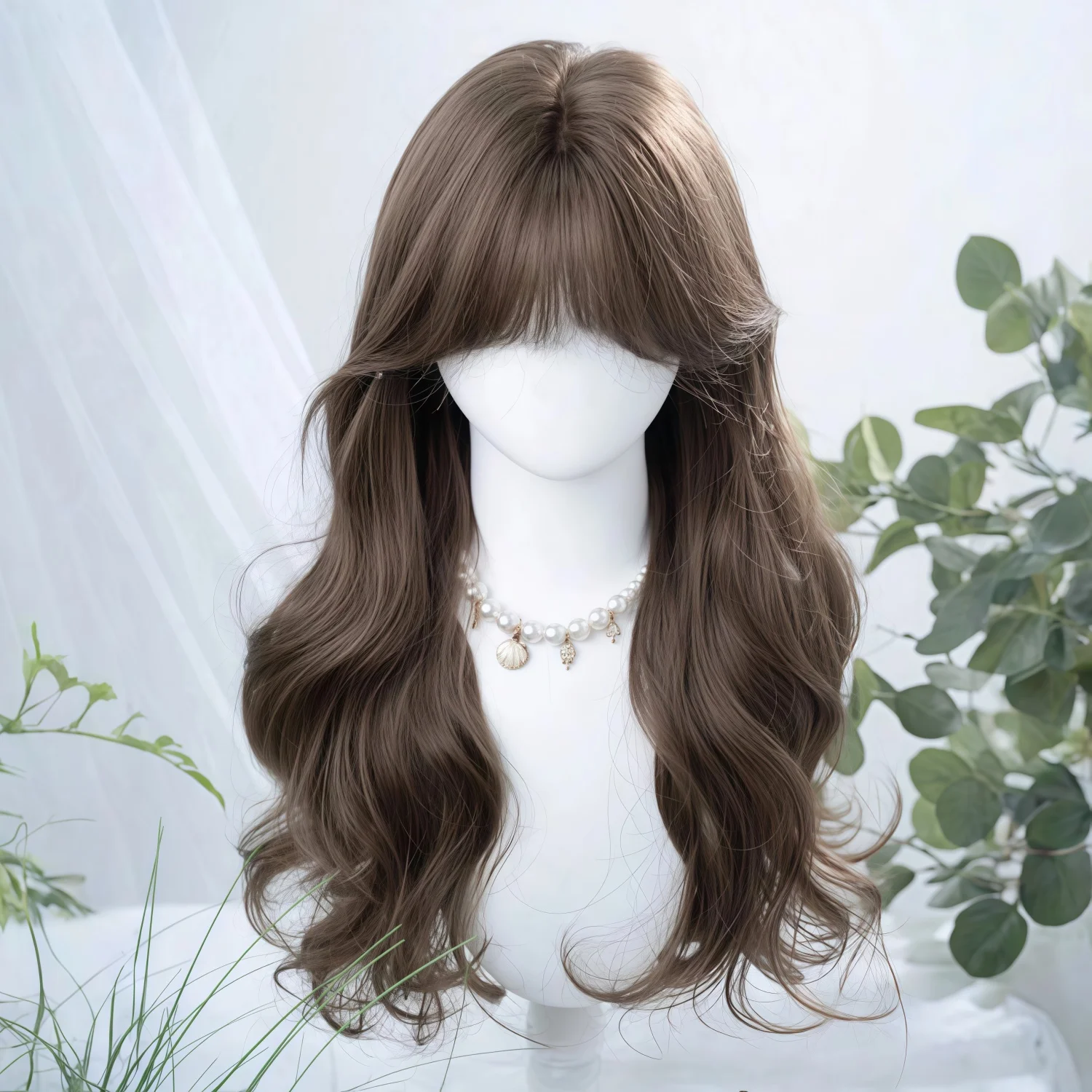 Synthetic heat-resistant wig, black-brown curly hair with bang suitable for daily wear, birthdays ,heat-resistant fiber