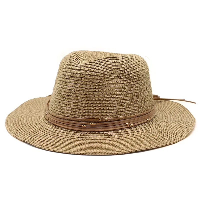 Color: Khaki, Size: L - Big Size 60CM New Straw Hat 7cm Brim Summer Cooling Beach Sun Hat Outdoor Party Panama Jazz Hat Sombreros De Mujer