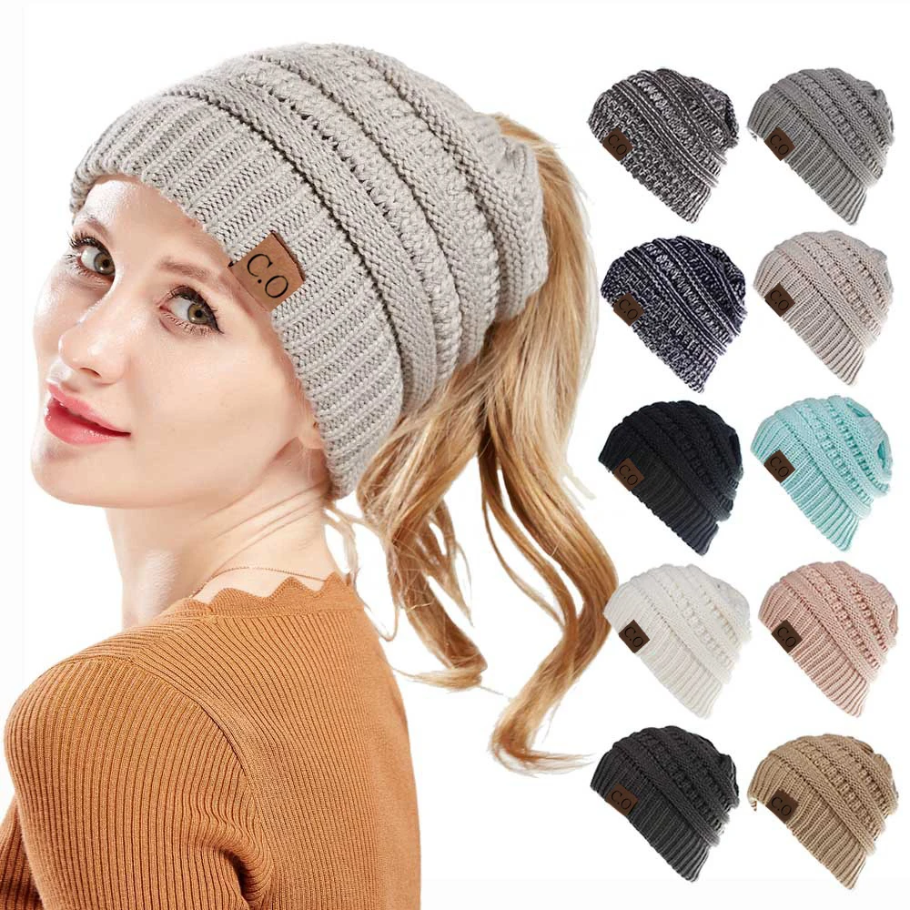 Color: Green - New Lady Knitted Hats for Women Girls Skiing Baseball Cap Openings Horsetail Hat
