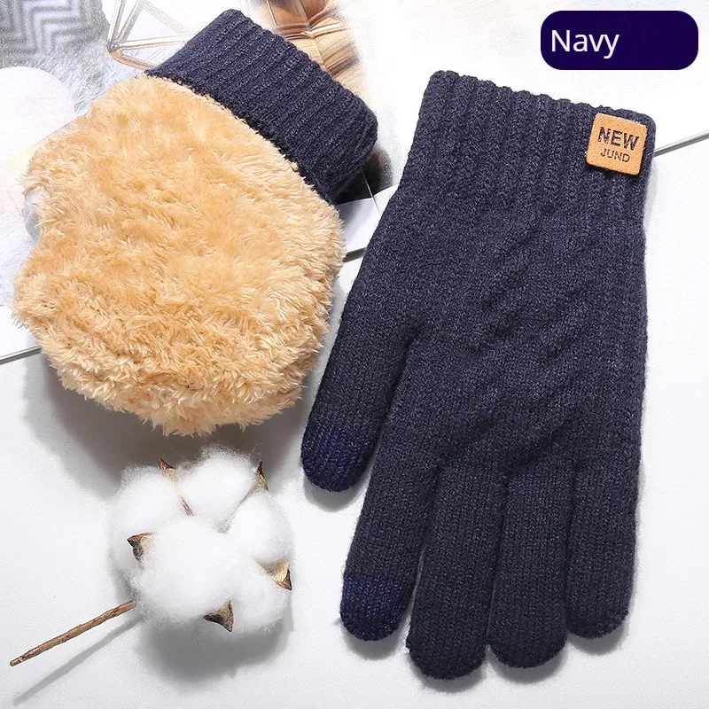 Color: Navy Blue, Gloves Size: One Size - Wholesale Fleece Lined Fashion Warm Black Cable Knitted Winter Touch Screen Gloves