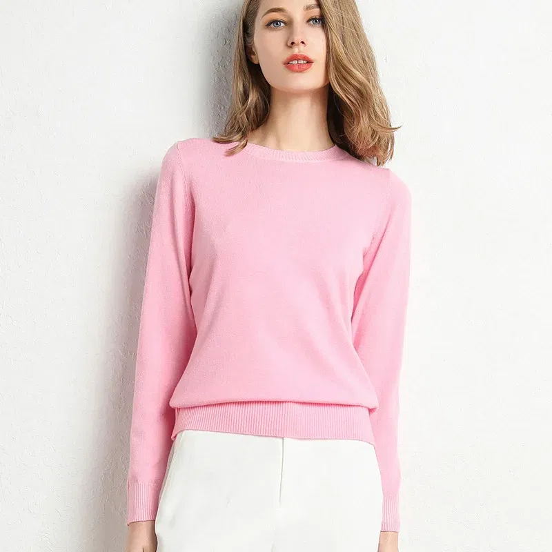 Color: Pink, Size: M - Women Slim O-Neck Solid Pullover Cashmere Wool Blending Sweater Autumn And Winter Long-Sleeved Knit Bottoming Shirt Large Size