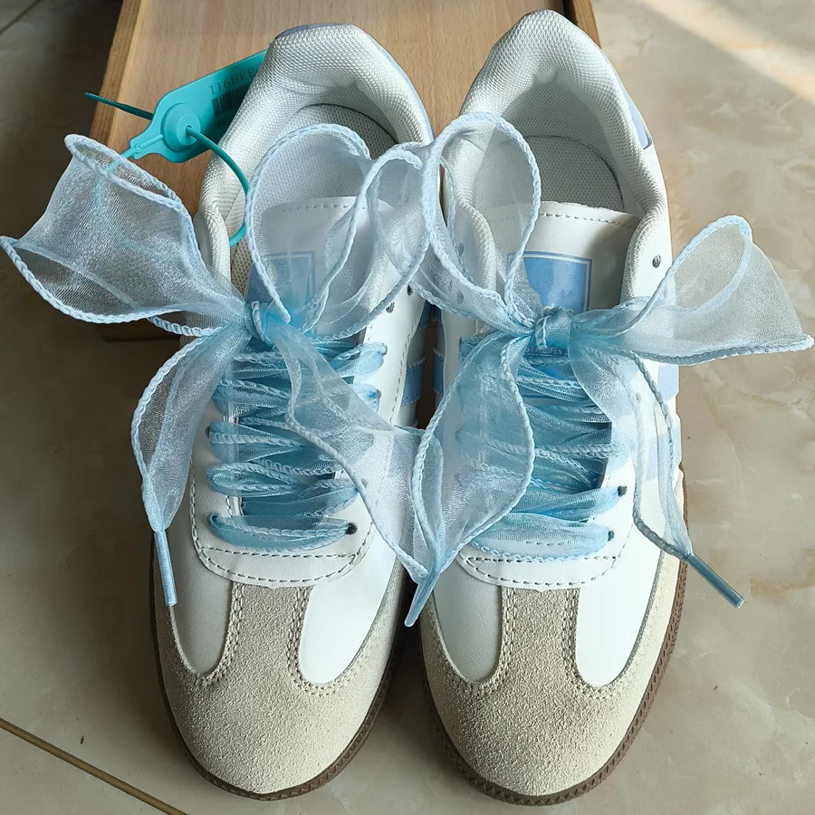 Color: Blue, Length: 140cm - 4cm Wide Festoon Fishtail Organza Shoelaces Wave Chiffen Fall Winer Bow Laces Beauty White Casual Sneaker DE Training Shoes Lace