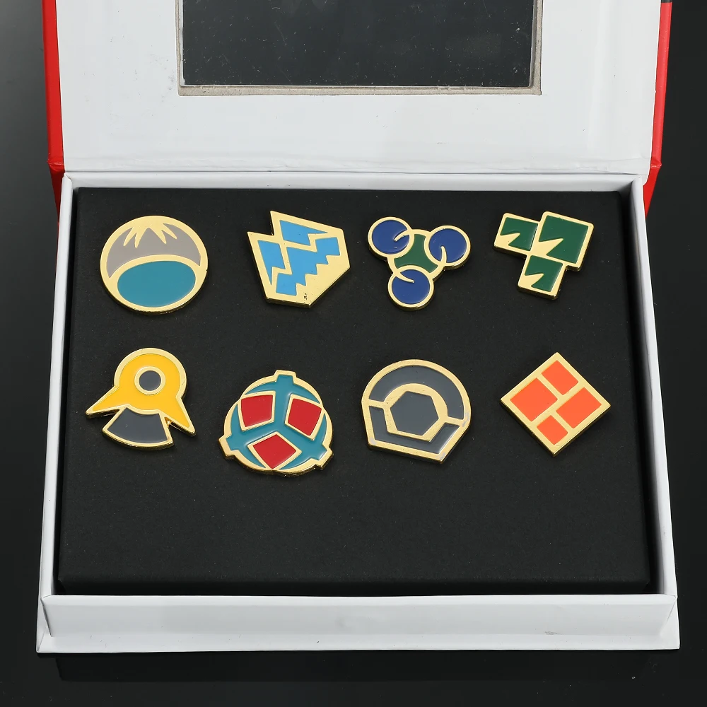 Metal color: Imitation Rhodium Plated - Pokemon Gym Badges Kanto Johto Hoenn Sinnoh Unova Kalos League Region Orange Islands Pins Brooches Box Set Pocket Monster