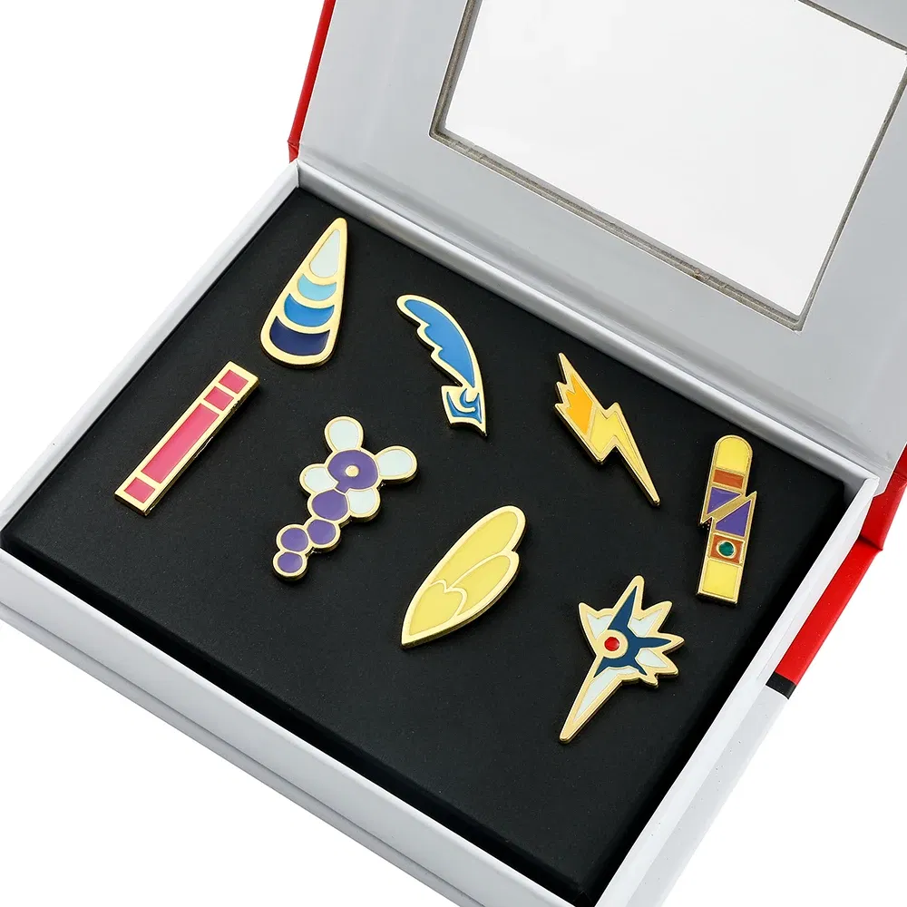 Metal color: Imitation Rhodium Plated - Pokemon Gym Badges Kanto Johto Hoenn Sinnoh Unova Kalos League Region Orange Islands Pins Brooches Box Set Pocket Monster