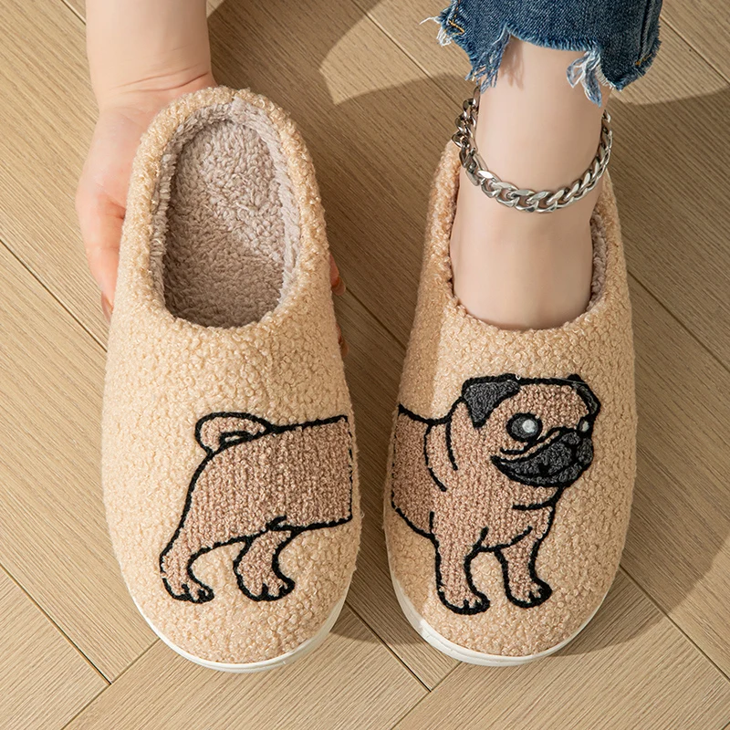 Color: Brown, Shoe Size: 38-39 - Cartoon Cat Puppy Embroidered Home Slippers Women 2024 Winter Closed Toe Cotton Slippers Woman Non Slip Flat Heels Indoor Shoes