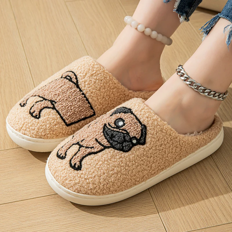 Color: Brown, Shoe Size: 38-39 - Cartoon Cat Puppy Embroidered Home Slippers Women 2024 Winter Closed Toe Cotton Slippers Woman Non Slip Flat Heels Indoor Shoes