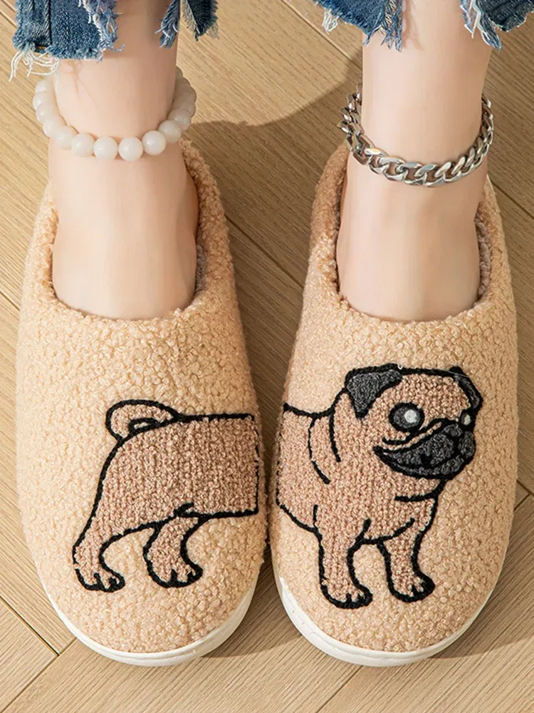 Color: Brown, Shoe Size: 38-39 - Cartoon Cat Puppy Embroidered Home Slippers Women 2024 Winter Closed Toe Cotton Slippers Woman Non Slip Flat Heels Indoor Shoes