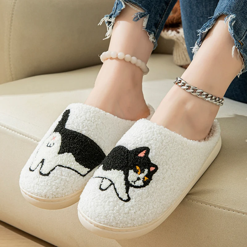 Color: Brown, Shoe Size: 38-39 - Cartoon Cat Puppy Embroidered Home Slippers Women 2024 Winter Closed Toe Cotton Slippers Woman Non Slip Flat Heels Indoor Shoes