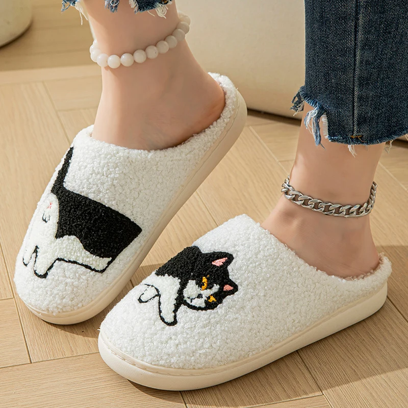 Color: Brown, Shoe Size: 38-39 - Cartoon Cat Puppy Embroidered Home Slippers Women 2024 Winter Closed Toe Cotton Slippers Woman Non Slip Flat Heels Indoor Shoes