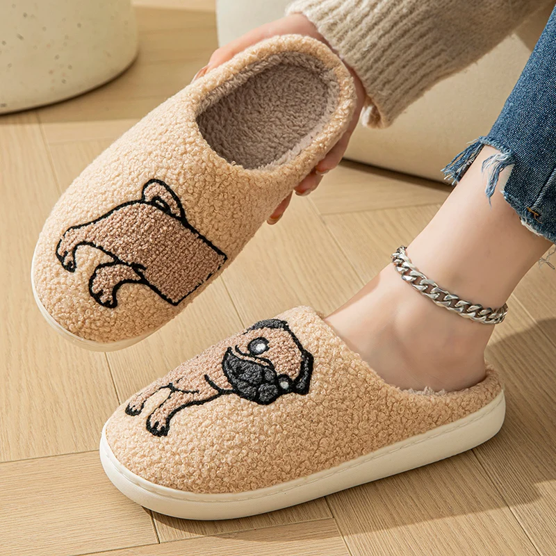 Color: Brown, Shoe Size: 38-39 - Cartoon Cat Puppy Embroidered Home Slippers Women 2024 Winter Closed Toe Cotton Slippers Woman Non Slip Flat Heels Indoor Shoes